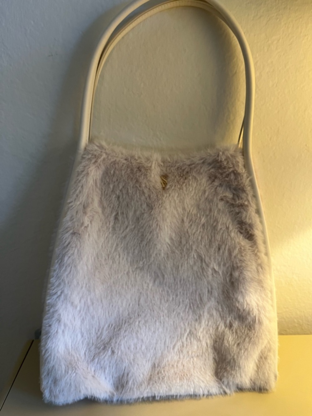 Victoria's Secret Cream Faux Fur Shoulder Bag with Gold Accent